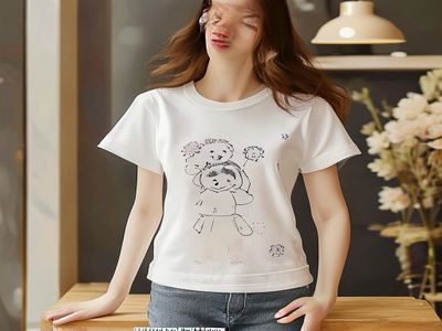 玩偶姐姐品牌联名合作款T恤，简约白底印花设计，展示在整洁的展示台上