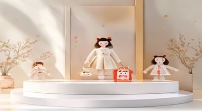 玩偶姐姐新周边产品发布图，精美包装设计展示在白色展台上，焦糖色调视觉统一